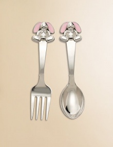 From the Gingham Bunny Collection. This 2-pc. set features a 3-dimensional bunny, complete with pink enameled ears.Includes 4.5 fork and spoonTarnish-resistant nickel-plateElegantly packaged for gift-givingImported