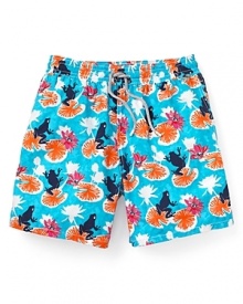 Brighten up the scene with vibrant color and a whimsical frog print when you sport these cool swim trunks from Vilebrequin. Brighten up the scene with vibrant color and a whimsical frog print when you sport these cool swim trunks from Vilebrequin.