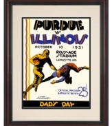 The Boilermakers took the fight out of the Illini back in '31, scoring 7 unanswered points. An incredible souvenir, this restored cover art from the Dad's Day football program is framed, matted and a winning piece of wall art for fans of either team.