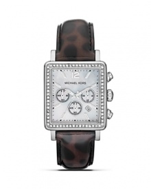 Wear two of this season's trends on your wrist with this MICHAEL Michael Kors watch, flaunting a crystal-embellished bezel and fierce animal print strap.