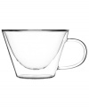 Double-duty drinkware. This set of Luigi Bormioli's Duos hot beverage drinking glasses features two layers of glass blown together for a cool floating look, smart insulation and lasting durability. The innovative design keeps hot drinks hot, but not too much to handle.