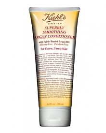 Formulated with fairly-traded Argan Oil and Safflower Oil, our conditioner moisturizes, detangles, and provides intensive smoothing and longlasting shine with a frizz-free finish. Silicone and Paraben-Free Formula. Effectively smooths hair without weighing it down, while preventing frizz and fly-aways. Formula also contains emollient Cocoa Butter to add moisture and shine. Imparts a sleeker, more manageable look and feel to hair. Shampoo with Kiehl's Superbly Smoothing Argan Shampoo. Rinse and apply a generous amount of conditioner to hair, especially the ends. Gently work through the hair and leave on for two to three minutes. Rinse with lukewarm water. Style as usual. Formulated with fairly-traded Argan Oil and Safflower Oil, our conditioner moisturizes, detangles, and provides intensive smoothing and longlasting shine with a frizz-free finish. Silicone and Paraben-Free Formula. Effectively smooths hair without weighing it down, while preventing frizz and fly-aways. Formula also contains emollient Cocoa Butter to add moisture and shine. Imparts a sleeker, more manageable look and feel to hair. Shampoo with Kiehl's Superbly Smoothing Argan Shampoo. Rinse and apply a generous amount of conditioner to hair, especially the ends. Gently work through the hair and leave on for two to three minutes. Rinse with lukewarm water. Style as usual.