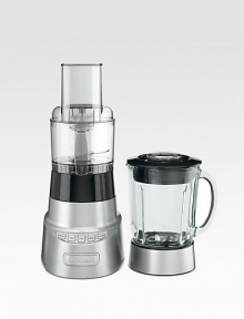 A dynamic duo that lets you do it all: the blender uses smart power and sophisticated electronics to mince delicate herbs, whip up smoothies & even chop ice. Attach the food processor work bowl to slice, shred, chop or mix. 3-cup food processor attachment with feed tube & pusher Slicer/shredder disk & stainless steel chopper blade Sleek 4-speed electronic touchpad controls 48-oz.