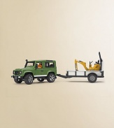 Incredibly realistic: all doors and hood open for easy access, the front wheels steer easily through rough terrain by utilizing the detachable steering wheel extender that fits through the sun roof.The one-axle trailer has a utility cabinet on the front for transporting various things. The drop down ramps fold up for transport. The JCB Micro Excavator 8010 CTS has realistic looking controls and roll bar.
