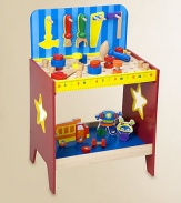 Big stand-up wooden workbench and tools for your busy little builders! This fun 37-piece set includes tools, robot, car, nuts and bolts.37 pieces/assembly requiredIncludes small parts17.25W X 11D X 26HRecommended for ages 3 and upImported