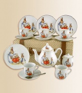 This heirloom quality children's set features Flopsy Mopsy, Cottontail, Peter and their watchful mom. Each porcelain piece is hand-embellished in 22k gold. Set includes four plates, four tea cups & saucers, one tall tea pot, sugar & creamer and four stainless steel spoons all beautifully and safely stored in a fabric-lined trunk case.Beautifully gift boxed, 15W X 12H X 7DPorcelainPlate, 6DTea cup, 3 oz. 