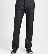 Designed to provide more comfort with a slimmer look, this straight-leg fit is roomier throughout the leg, creating a wider front leg panel and finished in iconic raw indigo selvedge denim.Five-pocket styleInseam, about 34CottonMachine washMade in USA
