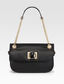 Luxe saffiano leather in a flap-front silhouette, embellished a with a jeweled turnlock closure.Leather-and-chain shoulder straps, 9½ dropTurnlock closureFully lined11W X 5½H X 3½DImported