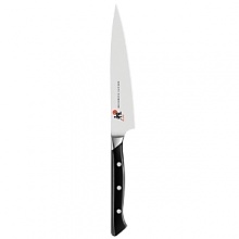 Elegant Japanese design meets superlative durability in these Morimoto-designed knives. Offering the ultimate in beautiful, reliable and practical cutlery, the Iron Chef's Miyabi collection uniquely combines a sharp, flexible, corrosion resistant blade with a western-style handle. This utility knife is ideal for tomatoes,croissants and other small foods with hard crust or skin.