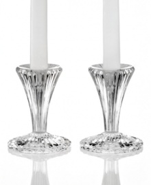 Inspired by the notched bezels of a luxury watchband, these Marquis by Waterford candlesticks defy time with upright cuts and a clean silhouette in radiant crystal. Inspired by the notched bezels of a luxury watchband, these Marquis by Waterford candlesticks defy time with upright cuts and a clean silhouette in radiant crystal.