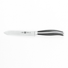 The Twin Cuisine series of knives from Henckels features premium high-carbon stainless steel forged blades with improved cutting edge retention and corrosion resistance. The handles are a creation of new technology - a rivetless, molded handle design with a full tang, no gaps, smooth shape and grip. The Henckels Twin emblem is branded in stainless on the end of the handle.