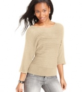 A toasty sweater that doesn't skimp on style, Dolled Up's three-quarter sleeve pullover features metallic threading and classic ribbed style.