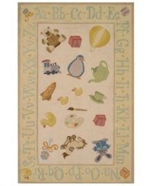 Stir the imagination with this adorable, whimsical rug from Momeni's Lil Mo Classic collection. In a throwback to old-fashion nursery styling, the pale yellow rug features an assortment of childhood images like a hot air balloon, teddy bear and rocking horse--exciting sights for any little one. An alphabet-themed border offers a head start on learning! Hand-hooked of pure cotton, Lil Mo Classics feature a cut-loop construction that gives the printed motifs a raised effect and tons of texture. Stir the imagination with this adorable, whimsical rug from Momeni's Lil Mo Classic collection. In a throwback to old-fashion nursery styling, the pale yellow rug features an assortment of childhood images like a hot air balloon, teddy bear and rocking horse--exciting sights for any little one. An alphabet-themed border offers a head start on learning! Hand-hooked of pure cotton, Lil Mo Classics feature a cut-loop construction that gives the printed motifs a raised effect and tons of texture.