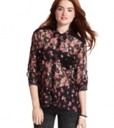 A garden of roses bloom across fine lace on this feminine take on the classic button down! From Belle Du Jour.