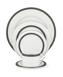 In the hands of kate spade, black and white is anything but basic. Dancing ebony stitched stripes provide a stunning contrast to the pristine china of the Union Street dinner plates. In the hands of kate spade, black and white is anything but basic. Dancing ebony stitched stripes provide a stunning contrast to the pristine china of the Union Street dinner plates.