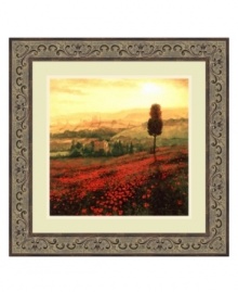 Steve Thoms' Shades of Poppies sets a romantic tone in any room. Cheery red poppies cover the hillside, cast in the warm, golden rays of a setting sun. The antique bronze-finished frame adds a vintage elegance. Steve Thoms' Shades of Poppies sets a romantic tone in any room. Cheery red poppies cover the hillside, cast in the warm, golden rays of a setting sun. The antique bronze-finished frame adds a vintage elegance.