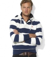 Combining the preppy heritage of a rugby with the comfort of a hoodie, this relaxed-fitting pullover blends the best of both worlds in an ultra-soft fleece construction.
