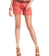 A faux-leather belt accented with embroidered design adds totally cute style to these cuffed shorts from Dollhouse!