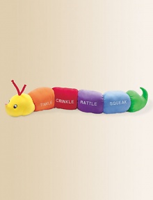 Each section of this soft velour worm is embroidered with the sound featured inside: Tinkle has a bell, Crinkle has crinkly fiber, Rattle has a rattle and Squeak has a squeaker. Polyester cover and fill Surface washable 73 long Imported Each section of this soft velour worm is embroidered with the sound featured inside: Tinkle has a bell, Crinkle has crinkly fiber, Rattle has a rattle and Squeak has a squeaker. Polyester cover and fill Surface washable 73 long Imported