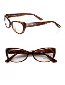 Be chic in these modern acetate frames. Available in havana with clear lens. Logo templesMade in Italy Please note: Non-prescriptive lens. 