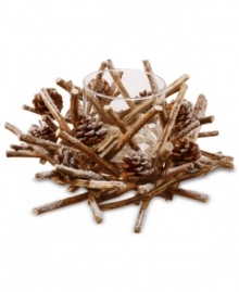 A cluster of twigs and pine cones create a comforting wintry home accent in this candle holder from Winward. Arrange a few of these across your mantel or upon your dinner table for a subtle holiday glow. A cluster of twigs and pine cones create a comforting wintry home accent in this candle holder from Winward. Arrange a few of these across your mantel or upon your dinner table for a subtle holiday glow.
