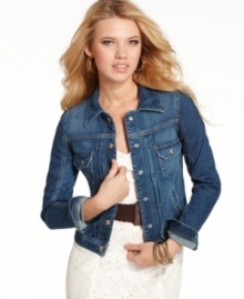 Pleating at the bodice and an awesome four-pocket style make this jean jacket from GUESS? an A+ layer! Play up the versatility of denim by pairing this jacket with a delicate dress. Pleating at the bodice and an awesome four-pocket style make this jean jacket from GUESS? an A+ layer! Play up the versatility of denim by pairing this jacket with a delicate dress.
