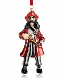 The Jolly Roger. Kurt Adler's pirate ornament brings a sense of adventure to the holiday season, complete with a hook and eye patch in handcrafted Polonaise glass. The Jolly Roger. Kurt Adler's pirate ornament brings a sense of adventure to the holiday season, complete with a hook and eye patch in handcrafted Polonaise glass.