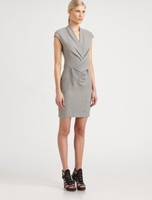 Featherweight wool suiting tucked and gathered in a structured crossover sheath.V necklineCap sleevesPleated crossover panelsPrincess seamsSide zipperAbout 20 from natural waist75% viscose/23% wool/2% elastaneDry cleanImported of Italian fabricModel shown is 5'10 (177cm) wearing US size 4.