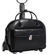 Protect your most precious tech investments with this fashion-forward, Italian leather rolling tote. The choice is yours - maximize travel options by either rolling with the patented wheel and handle system or remove it to carry with more maneuverability. A high-density removable laptop sleeve protects your computer from the bumps and bruises of regular travel, while the main compartment with file divider and front organizer help transport all your accessories. Limited lifetime warranty.