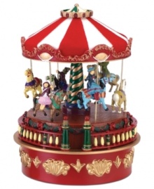 A whimsical replica of a carnival favorite, wind up this Carousel Music Box to see the friendly animals and riders go for a spin while the Christmas classic, Jingle Bells, plays. A whimsical replica of a carnival favorite, wind up this Carousel Music Box to see the friendly animals and riders go for a spin while the Christmas classic, Jingle Bells, plays.