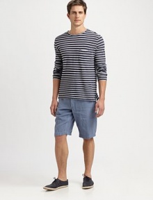 Crafted in a lightweight cotton and linen blend, this striped pullover is perfect for warm weather.Crewneck pulloverLong sleevesFront slash pocket55% linen/45% cottonDry cleanImported