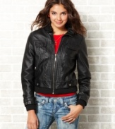 Rock your rebel style in this faux-leather jacket from Jou Jou! Sweater trims plus an extensive seam design makes this jacket a fall must-have.
