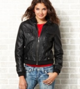 Rock your rebel style in this faux-leather jacket from Jou Jou! Sweater trims plus an extensive seam design makes this jacket a fall must-have.