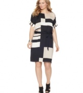Looking stylish is a cinch with DKNYC's short sleeve plus size dress, featuring a geometric print and belted waist.
