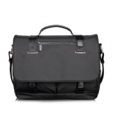 You're all business inside and out with this durable, made-to-last laptop case with rich leather trim for a conservative and sophisticated style that impresses. Packed with a laptop compartment, removable accessory pouch and multiple organizational pockets on the interior and exterior, this messenger takes smart to a whole new level. Tumi quality assurance warranty.