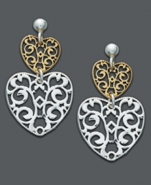 Sweet disposition. Giani Bernini's charming drop earrings feature two filigree hearts and a post setting. Crafted in sterling silver and 24k gold over sterling silver. Approximate drop: 1-1/4 inches. Sweet disposition. Giani Bernini's charming drop earrings feature two filigree hearts and a post setting. Crafted in sterling silver and 24k gold over sterling silver. Approximate drop: 1-1/4 inches.