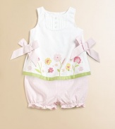 This darling two-piece set in classic seersucker with floral embroidery, contrasting ribbon hem and sweet bows is the perfect warm weather ensemble.CrewneckSleeveless with back buttonsContrasting ribbon hemElastic waistband and leg openingsCottonMachine washImported Please note: Number of buttons vary depending on size ordered. 