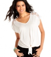 Femme-up your casual tee look with this top from Fresh Brewed that features cute, tie-front design and a back of sheer lace!