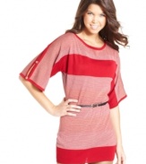 Buttoned split sleeves and metallic-flecked stripes add undeniable character to Sequin Hearts' tunic-style top!