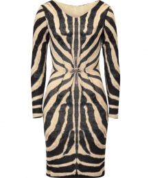 Savage-inspired style goes ultra-luxe with this zebra print draped dress from Roberto Cavalli - Round neck, long sleeves, sculptural tailored pleating at front and back waist with brass-tone charm, fitted silhouette, concealed side zip closure - Style with a slim trench, sky-high platforms, and a studded clutch