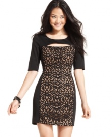 A classic design made of-the-moment, BCX's sheath dress features a lace-adorned panel and exposed back zipper for modern edge. A classic design made of-the-moment, BCX's sheath dress features a lace-adorned panel and exposed back zipper for modern edge.
