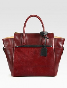 Luxuriously smooth leather with hair calf accents in a modern colorblock design.Double top handles, 5½ dropToggle strap closureFour outside open pocketsOne detachable zip pouchTwo inside zip pocketsCotton lining12¾W X 13¾H X 4½DImported