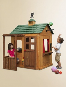 It's time to explore a brand new world! Kids can relax on the patio, shoot hoops and cook up a feast and more. With features like a working doorbell and outdoor grill, kids can enjoy the amenities of home without ever leaving the backyard!Sink is removable for easy cleaningWater-resistant roof panelsReinforced panels prevent warpingWood, plastic65.3W X 76.8H X 67.9D179 lbsWipe clean with damp clothImported