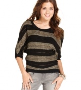 Dolman sleeves and metallic threading are modern features of this striped sweater from BCX. Pair it with your favorite denim jeans for a comfy, laid-back look!