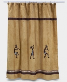 Revered by Native Americans, Kokopelli gives your bathroom an authentically Southwestern vibe. The dancing deity sways and steps across this sand-colored shower curtain. With an ultra-soft, faux suede texture. Revered by Native Americans, Kokopelli gives your bathroom an authentically Southwestern vibe. The dancing deity sways and steps across this sand-colored shower curtain. With an ultra-soft, faux suede texture.