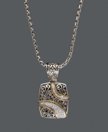 Sparkle, shine, and versatility. Balissima by Effy Collection's ribbon pendant complements both gold and silver jewelry. Crafted in sterling silver with 18k gold accents, this intricate pendant highlights a scrolling filigree design and sparkling, round-cut diamonds (1/4 ct. t.w.). Approximate length: 18 inches. Approximate drop: 1-1/2 inches x 1 inch. Sparkle, shine, and versatility. Balissima by Effy Collection's ribbon pendant complements both gold and silver jewelry. Crafted in sterling silver with 18k gold accents, this intricate pendant highlights a scrolling filigree design and sparkling, round-cut diamonds (1/4 ct. t.w.). Approximate length: 18 inches. Approximate drop: 1-1/2 inches x 1 inch.
