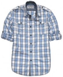 You'll be on a good style roll with this plaid workshirt with roll-tab sleeves from DKNY.