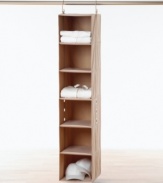 Store more in less space! Throw this heavy-duty reinforced hanging organizer over your closet bar and simplify the way you keep tidy. Six shelves to sort shoes, sweaters and other accessories create instant order.