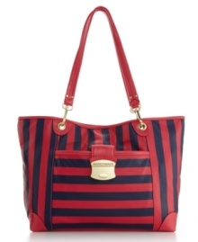 Hit a style high note with this nautical design by Marc Fisher. Bold stripes, goldtone hardware and a signature plaque will keep your look on key anywhere you go. Hit a style high note with this nautical design by Marc Fisher. Bold stripes, goldtone hardware and a signature plaque will keep your look on key anywhere you go.