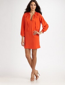 EXCLUSIVELY AT SAKS. This simple shift of woven silk has rich passementerie and a sexy keyhole close.Band collar with tiesOpen passementerie front detailDeep keyhole front closeLong pleated sleevesStraight bodySmooth backAbout 18 from natural waistSilk; dry cleanImportedOUR FIT MODEL RECOMMENDS ordering true size. 